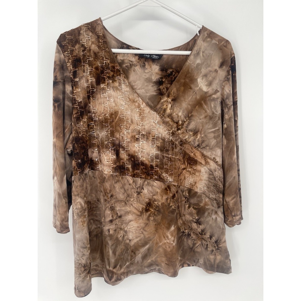 Only Nine Shirt Womens Large Brown Tie Dye‎ Embroidered V Neck Stretch